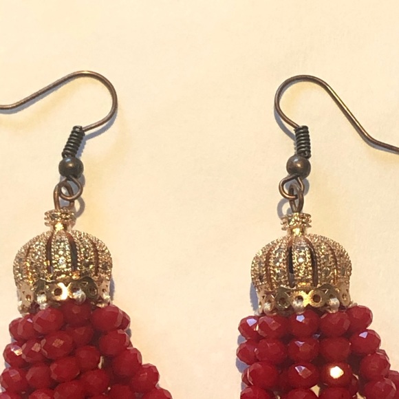 Red/Antique Rose Gold Crystal Tassel Earrings - Picture 10 of 14